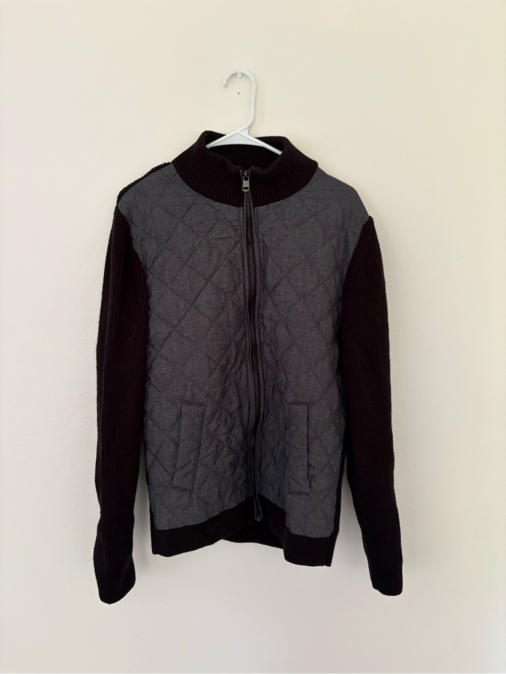 7 Diamonds Wool Blend Men's Quilted Zip Sweater Jacket - Charcoal & Black